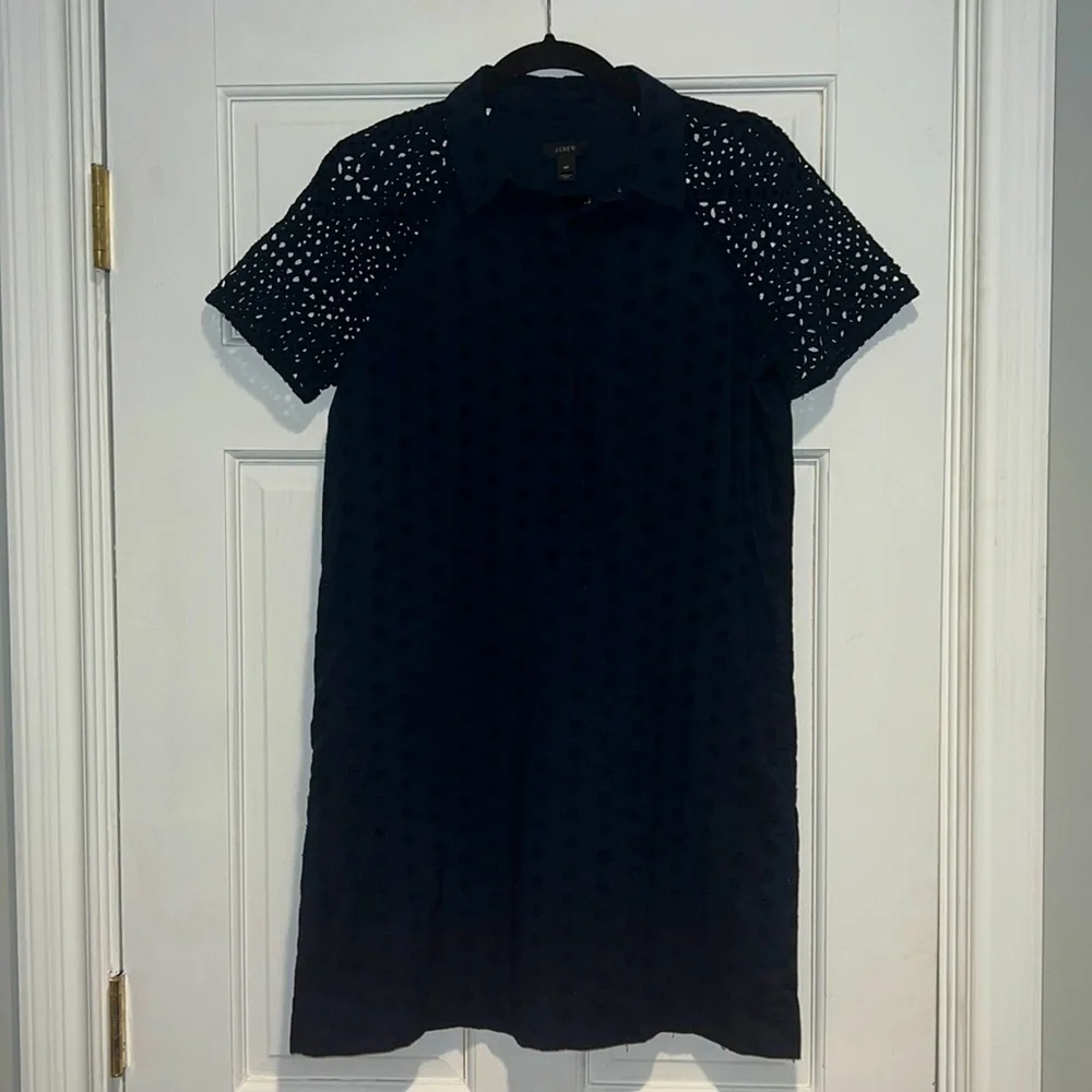 J. Crew Cotton Eyelet Dress w/Collar and Hidden Button Placket Size 4P Navy - Picture 5 of 14